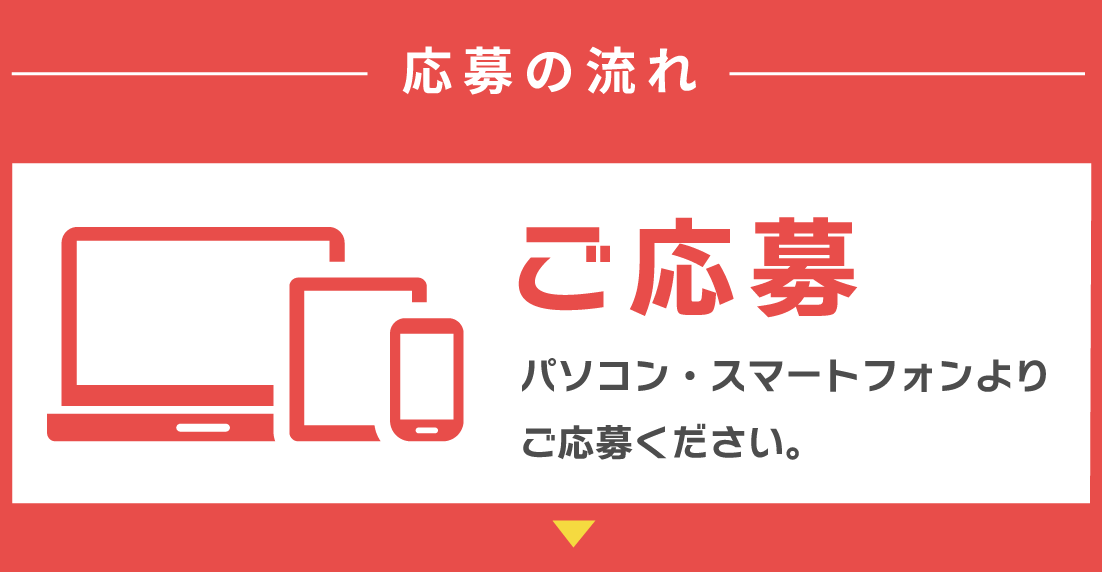 応募の流れ　ご応募　パソコン・スマートフォンよりご応募ください。